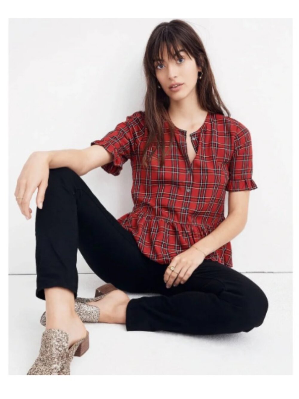 Madewell Studio Ruffle Short Sleeve Peplum-Hem Blouse • Clanton Plaid Size Small